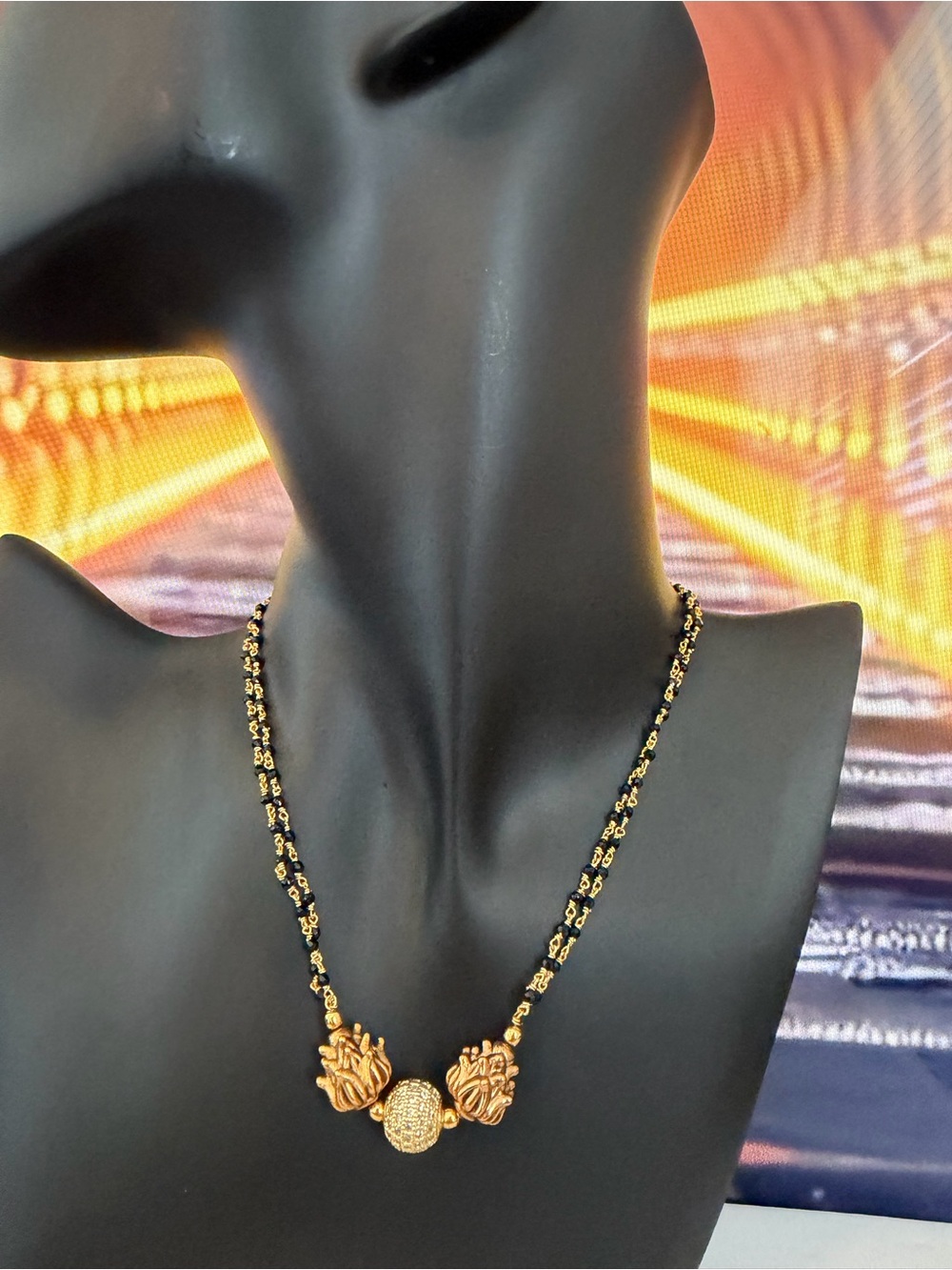 Gold-Tone Black Bead Lotus Pendant Necklace - Women Jewelry